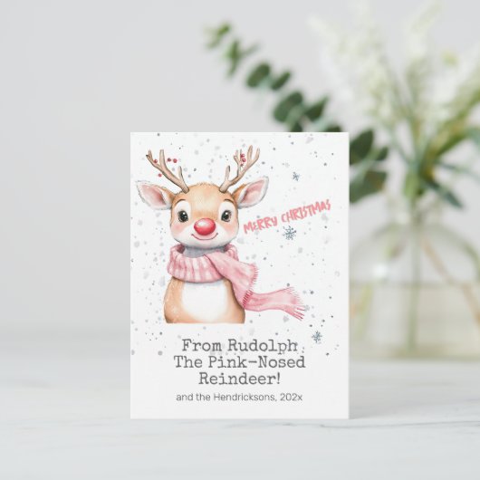 Roze Rudolph rendier kerst Briefkaart (Staand voorkant)