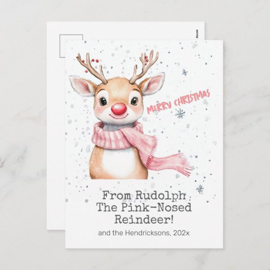 Roze Rudolph rendier kerst Briefkaart (Voorkant / Achterkant)