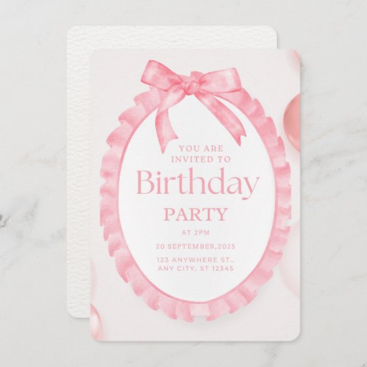 Roze Ruffle Bow Verjaardag Uitnodiging (Voorkant / Achterkant)