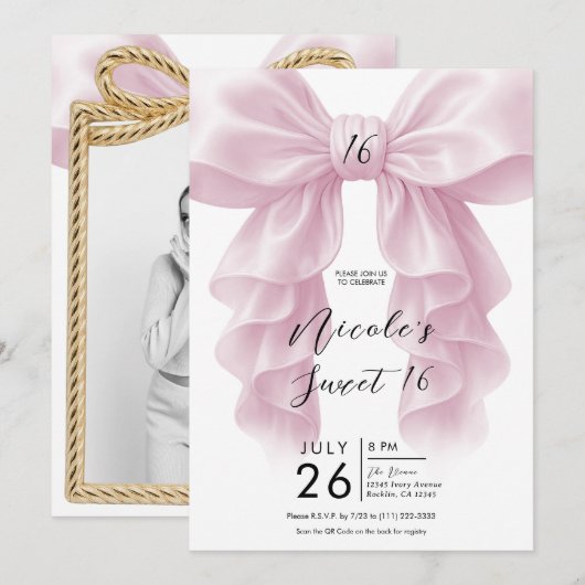 Roze Ruffle Cascade Bow Elegant Sweet 16 Party Kaart (Voorkant / Achterkant)