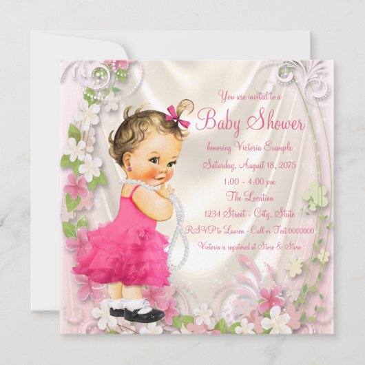 Roze Ruffle Jurk en Parels Meisje Baby shower Kaart (Voorkant)
