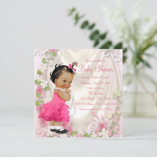 Roze Ruffle Jurk Parels Etnisch Meisje Baby shower Kaart (Staand voorkant)