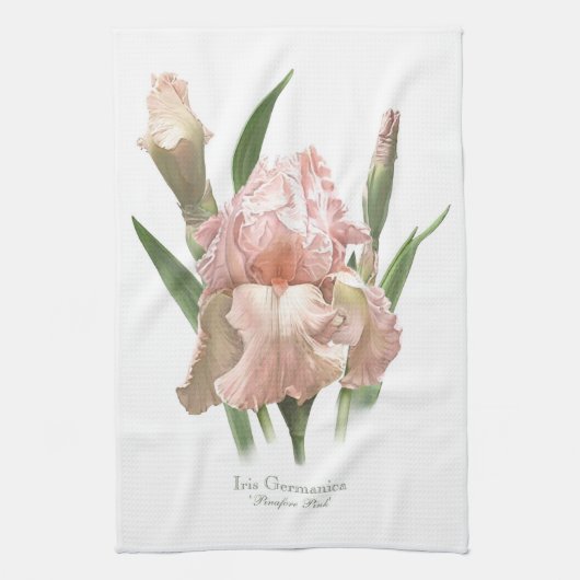 roze ruffled iris botanische kunst stijl theedoek (Verticaal)