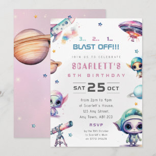 Roze Ruimte Alien Thema Verjaardagsfeest Uitnodigi Kaart