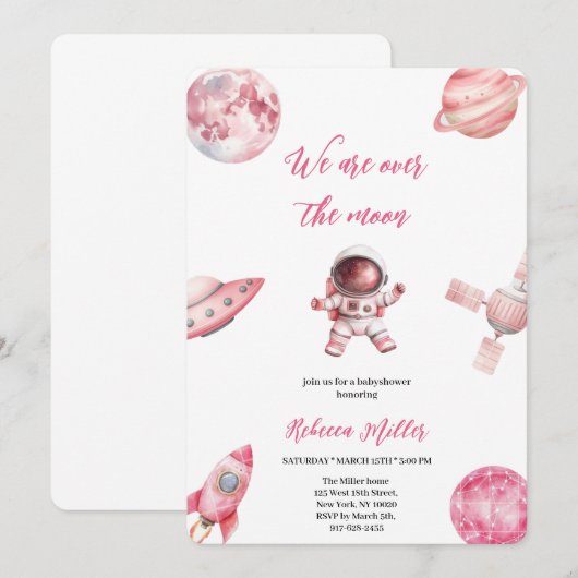 ROZE RUIMTE BABYSHOWER UITNODIGING (Voorkant / Achterkant)