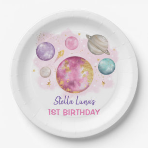 Roze ruimte galaxy Planets Moon Baby Girl Birthday Papieren Bordje