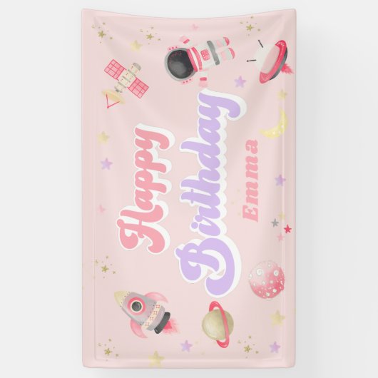 Roze ruimte Happy Birthday-banner Spandoek (Verticaal)