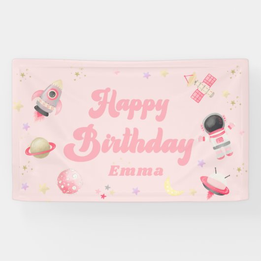 Roze ruimte Happy Birthday-banner Spandoek (Horizontaal)