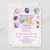 Roze ruimtemelkmeisje eerste verjaardag kaart (Voorkant)