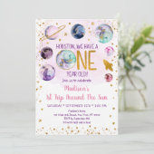 Roze ruimtemelkmeisje eerste verjaardag kaart (Staand voorkant)