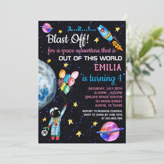 Roze Ruimtevaarder Regenboog Ballonnen Raket Kaart (Staand voorkant)