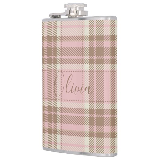 Roze ruit bruine ruit waterverf bruidsmeisje cadea heupfles (Links)