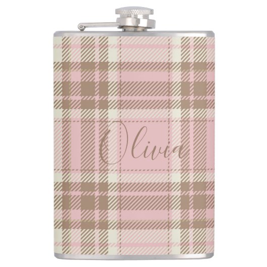 Roze ruit bruine ruit waterverf bruidsmeisje cadea heupfles (Voorkant)