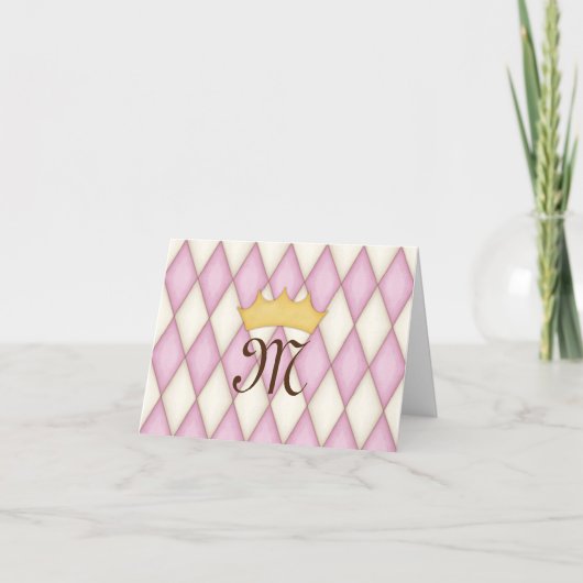Roze Ruit Kroon Monogram Prinses Bedankkaart (Voorkant)