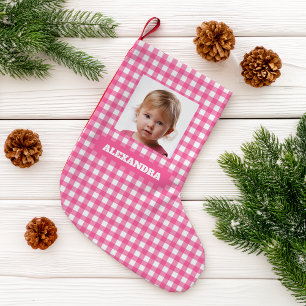 Roze ruit meisje foto & naam rustieke gingham ruit kleine kerstsok