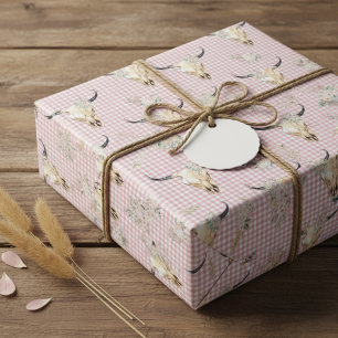 Roze ruitjes gingang koeien schedel boho cadeaupapier