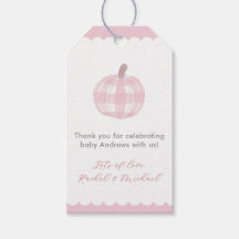 Roze ruitjes pompoen baby meisje shower favor tags