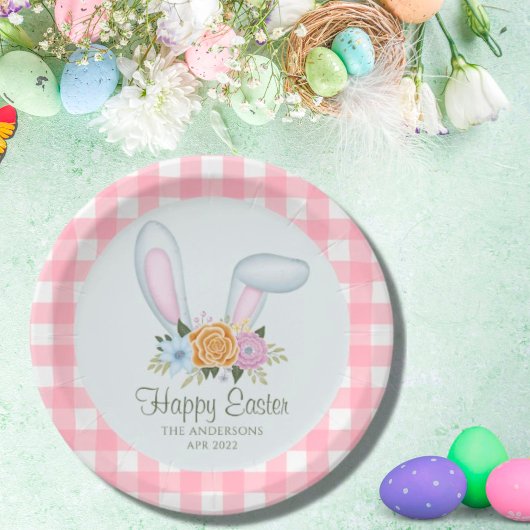 Roze ruitjes waterverf bloemkonijn oorlellen Pasen Papieren Bordje