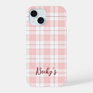 Roze ruitpatroon met naam iPhone 15 case