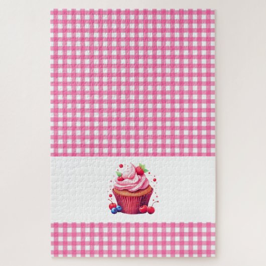 Roze ruitruit aardbei cupcakes puzzels (Verticaal)