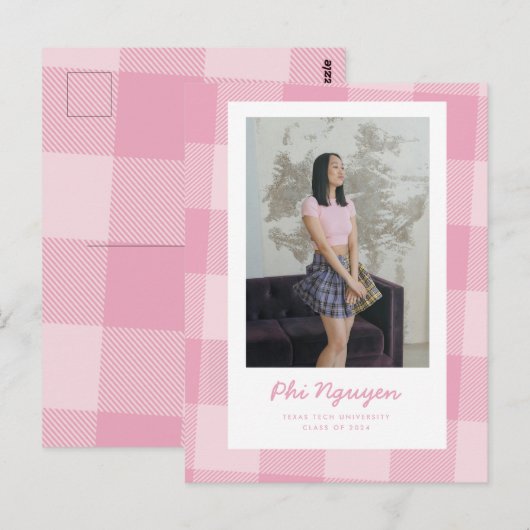 Roze ruitvormige platte afstudeer aankondiging briefkaart (Voorkant / Achterkant)