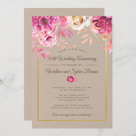 Roze Rustic 50ste huwelijksjubileum Kaart (Voorkant / Achterkant)