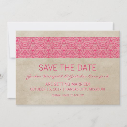 Roze Rustic Kant Save the Date Uitnodiging (Voorkant)