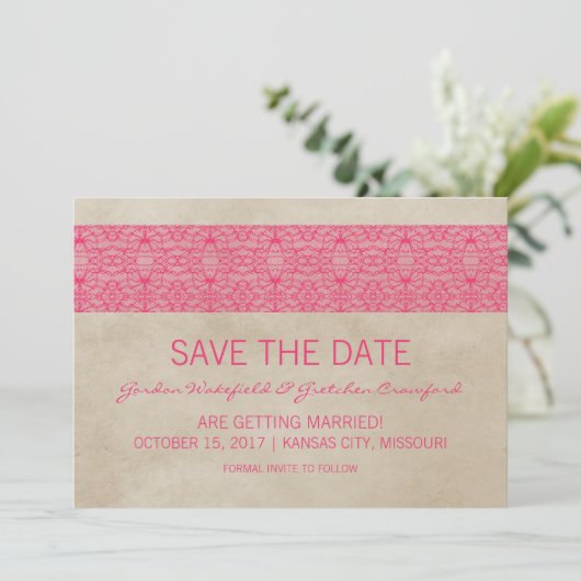 Roze Rustic Kant Save the Date Uitnodiging (Staand voorkant)