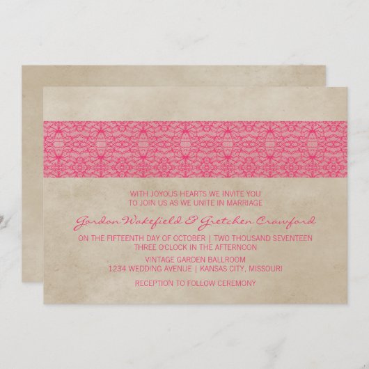 Roze Rustic Lace Wedding Invite Kaart (Voorkant / Achterkant)