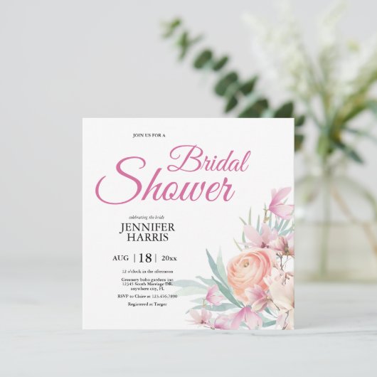 Roze rustiek groen elegant bruiloft vrijgezellenfe kaart (Staand voorkant)