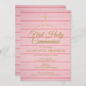 Roze Rustiek Hout Eerste Heilige Communie Uitnodig Kaart (Voorkant / Achterkant)