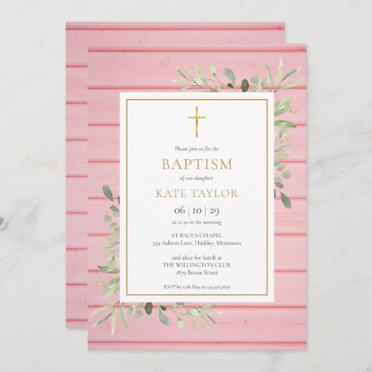 Roze Rustiek Hout Groen Doop Doop Kaart (Voorkant / Achterkant)