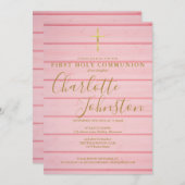 Roze Rustiek Hout Script Eerste Heilige Communie Kaart (Voorkant / Achterkant)