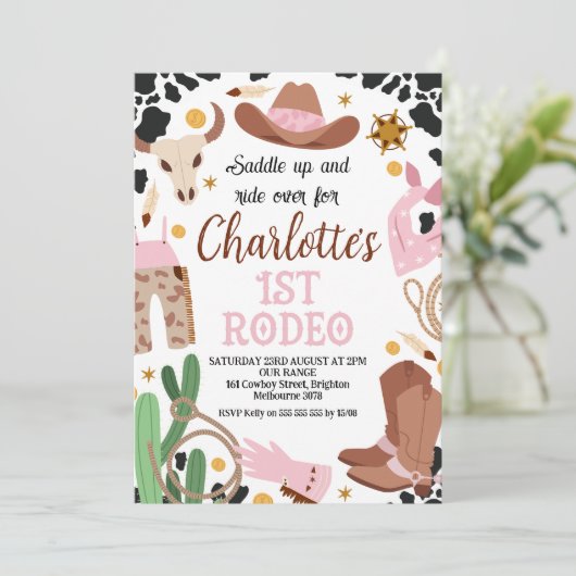 Roze rustiek zadel omhoog eerste Rodeo 1e verjaard Kaart (Staand voorkant)