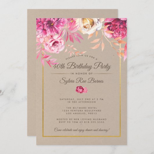 Roze rustieke 40e verjaardag uitnodiging (Voorkant / Achterkant)