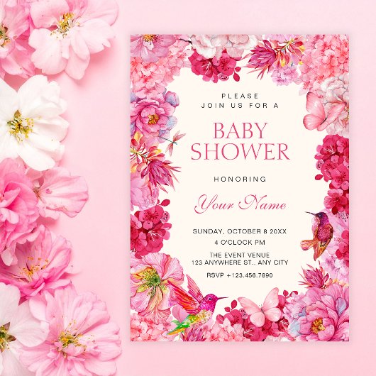 Roze rustieke bloemen bloeien babyshower kaart