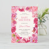Roze rustieke bloemen bloeien babyshower kaart (Staand voorkant)