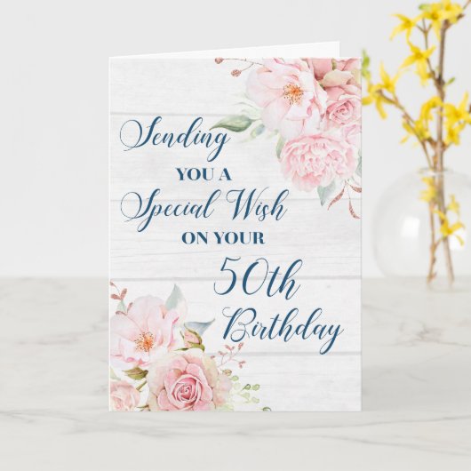 Roze rustieke bloemen Happy 50th Birthday Kaart (Gele Bloem)