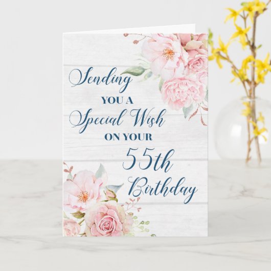 Roze rustieke bloemen Happy 55th Birthday Kaart (Gele Bloem)