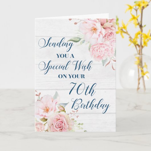 Roze rustieke bloemen Happy 70th Birthday Kaart (Gele Bloem)