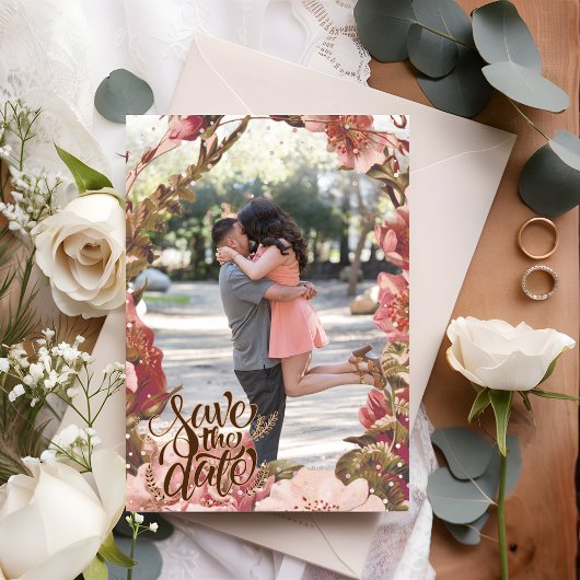 Roze Rustieke Foto met Bloemen Save The Date