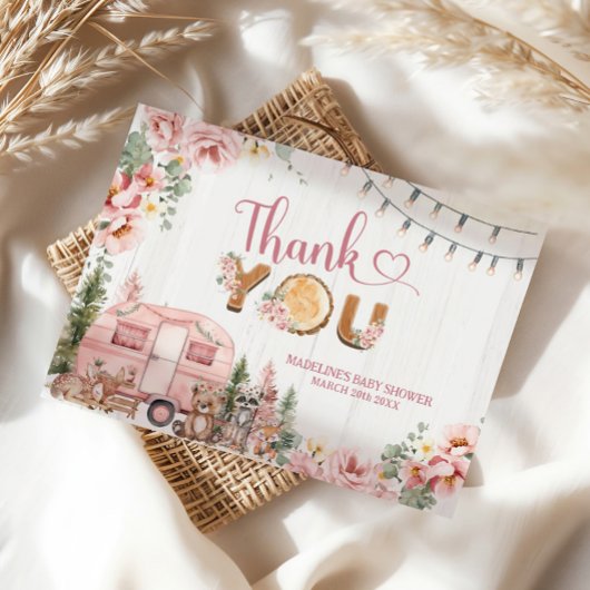 Roze rustieke houten camper dank u kaart