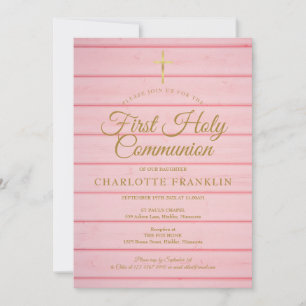 Roze Rustieke Houten Eerste Heilige Communie Uitno Kaart