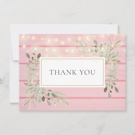 Roze Rustieke Houten Groene Slingerlichtjes Bedank Bedankkaart (Voorkant)