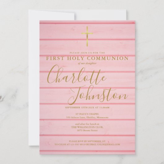 Roze Rustieke Houten Lettertype Eerste Heilige Com Kaart (Voorkant)