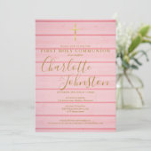 Roze Rustieke Houten Lettertype Eerste Heilige Com Kaart (Staand voorkant)