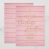 Roze Rustieke Houten Lettertype Eerste Heilige Com Kaart (Voorkant / Achterkant)