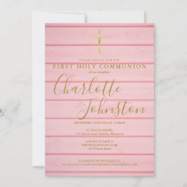 Roze Rustieke Houten Lettertype Eerste Heilige Com Kaart