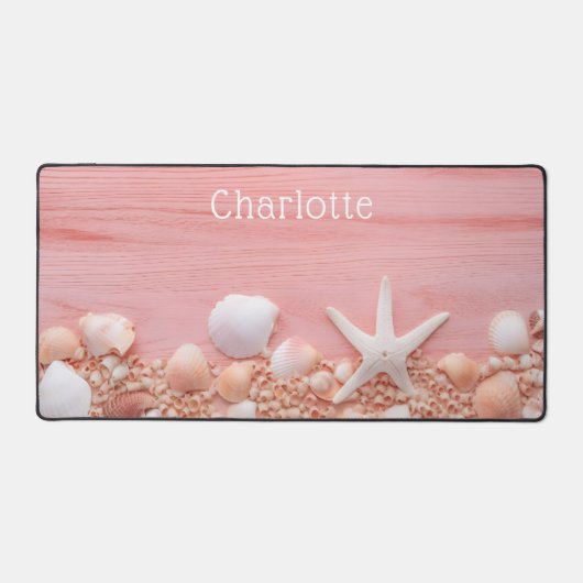 Roze Rustieke Houten Strand Seashells Gepersonalis Bureaumat (Voorkant)