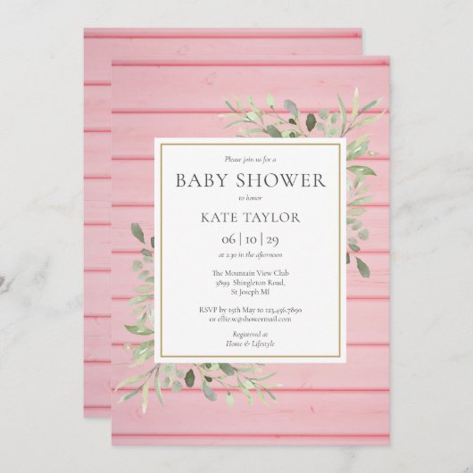 Roze Rustieke Houtgroen Babyfeest Kaart (Voorkant / Achterkant)